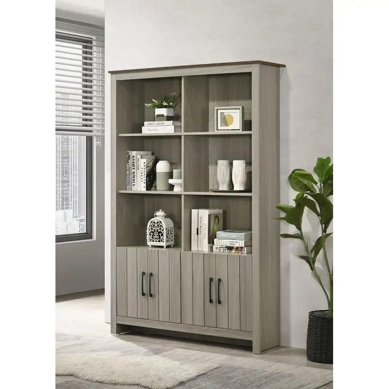 

Gray Oak Bookcase Shelf with Cabinet Doors, 47 Inch Wide Storage Solution for Home or Office, Stylish and Functional Design for