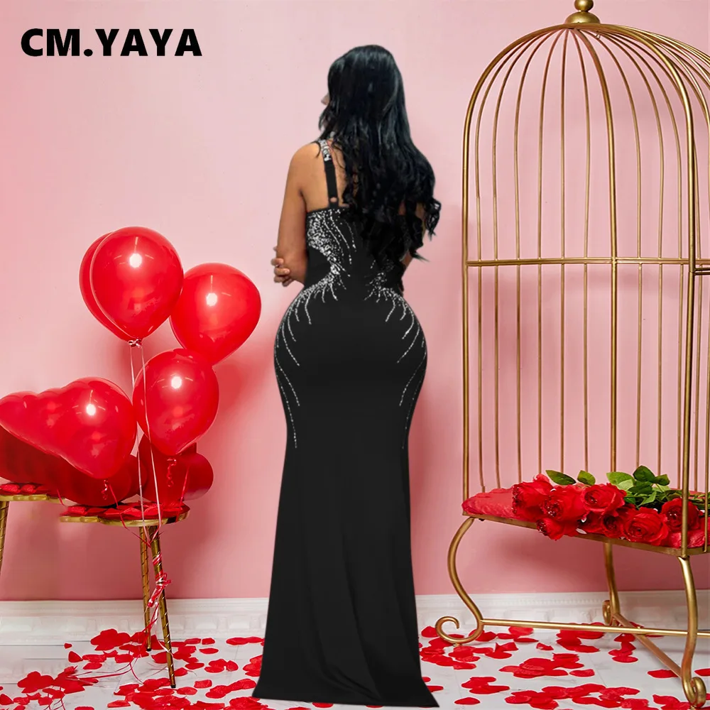 CM.YAYA Fall Diamonds Hot Rhinestones V-neck Women Strap Sleeveless Bodycon Long Dress Birthday Party Evening Prom Maxi Dresses