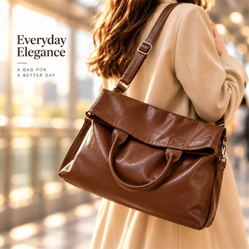 Men's Soft PU Leather Tote Bag Large Capacity Crossbody Shoulder Handbag Casual Commuter Work Travel Messenger Bag