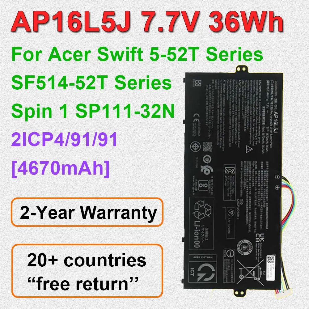 

Laptop Battery AP16L5J For Acer Swift 5-52T SF514-52T-59YX Aspire SF514 Spin 1 SP111-32N Series 7.7V 36Wh With Tracking Number
