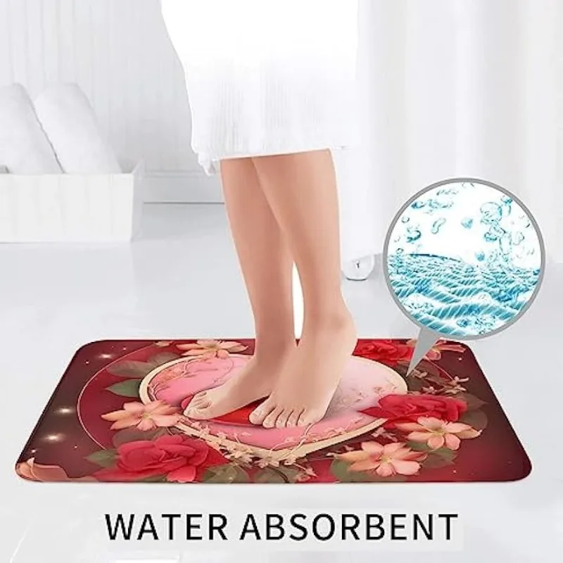 Love Hearts Valentine\'s Day Flowers Florals Bath Rugs 3 Piece Set Bathroom Mat+U-Shaped Toilet Pedestal Rug+Toilet Lid Cover