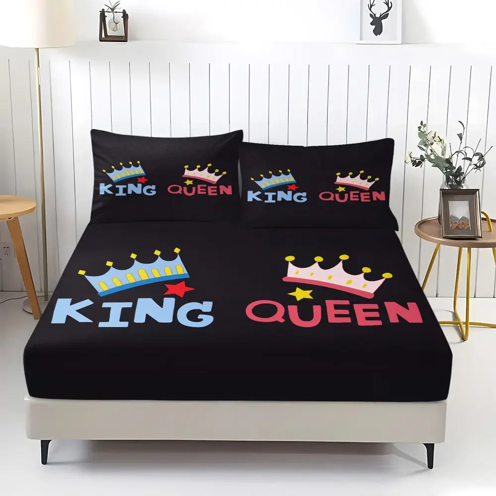 King Queen Cartoon Crown Print Fitted Sheet Set Bed Sheet Set Bedding Set No Fillers Soft Couple Bedroom Digital Print Decor