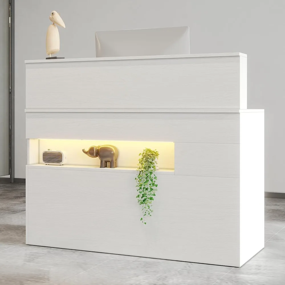 Reception Desk with LED Lights and Power Outlets, Retail Counter Reception Counter Table with Drawers, for Checkout Office