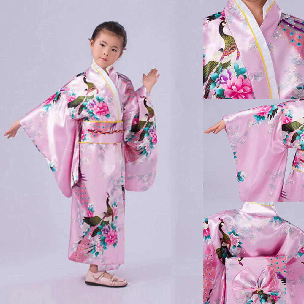 Kimono Japanese Traditional Print Flower Cosplay Costume Anime Yukata Dress Satin Silk Kids Grils Children Outfit