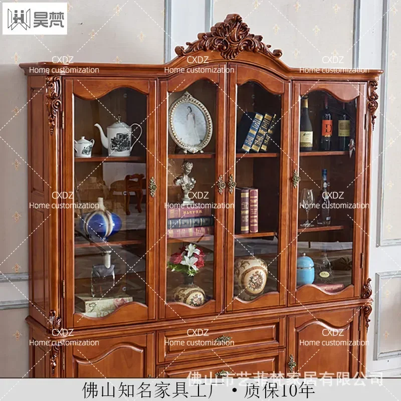 European solid wood bookcase Bookcase glass door with door, study luxury high-end American style against the wall European