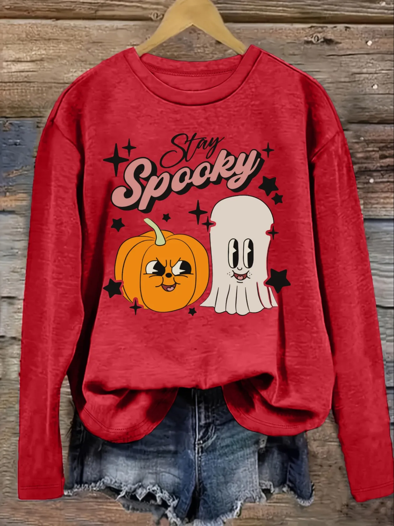 Women's Casual Long Sleeve Crew Neck T-Shirt Stay Spooky Pumpkin Ghost Stars Design, Round Neck Women's Clothing, Machine Washable, Slightly Elastic, Loose Fit, Spring Autumn Winter Women's T-Shirt, Halloween Costume Outfit view 4
