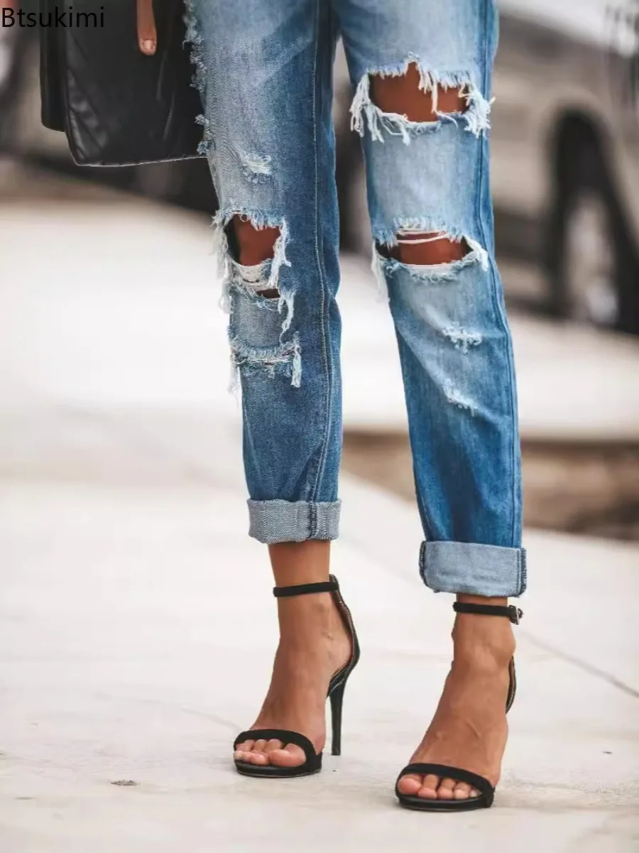 2025 New Spring Summer Hole High Waist Women's Jeans Retro Slim Fit Trousers Capris Baggy Jeans Casual High Street Denim Pants