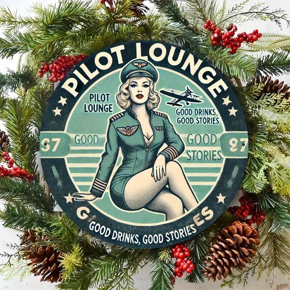 1pc Vintage Pilot Lounge Metal Sign – Retro Aviation Decor with Female Pilot, Circular 2D Flat Aluminum Wall Art | Matte Finish,