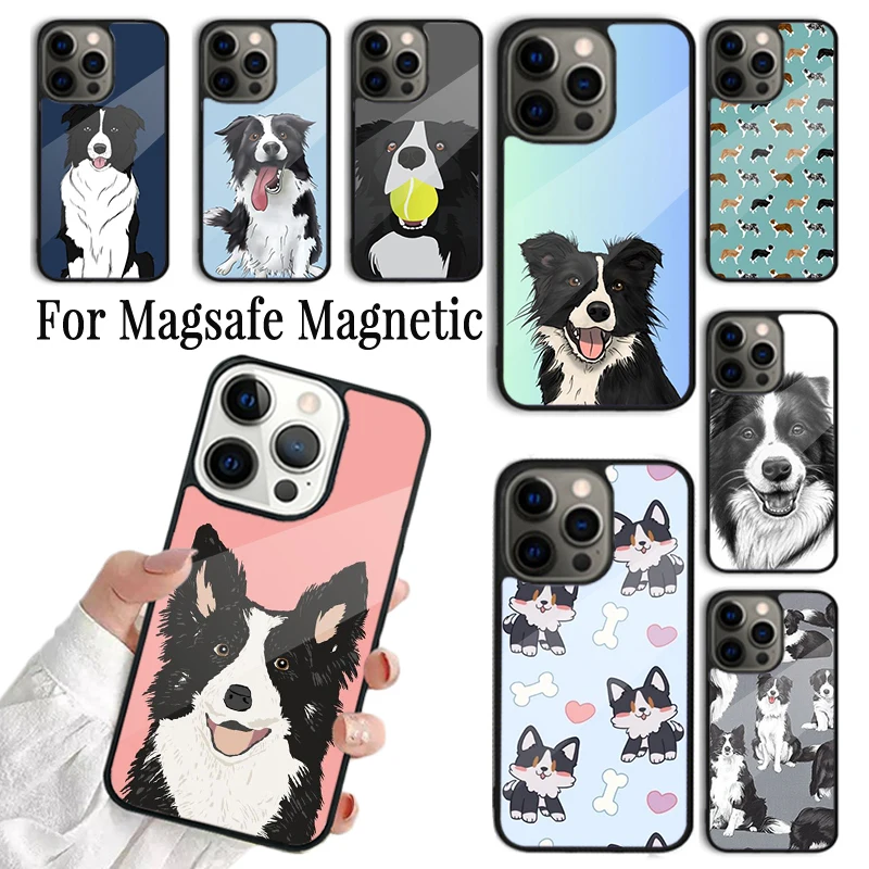 Coque Phone Case For iPhone 16 15 14 13 12 Mini 11 Pro Max Plus Magsafe Magnetic Wireless Charging Cover Cartoon Border Collie