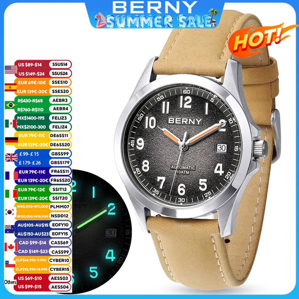 BERNY Frosted Dial Automatic Watch Men Luminous Mechanical Original ST2130 Wristwatch Sapphire Luxury Men Watch 10ATM Waterproof