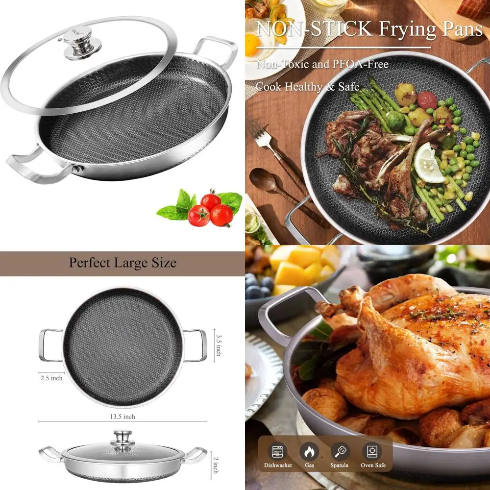 Sartén Paella de acero inoxidable de 13 pulgadas con panal antiadherente, tapa incluida, apto para horno y lavavajillas, adecuada para todo tipo de estufa