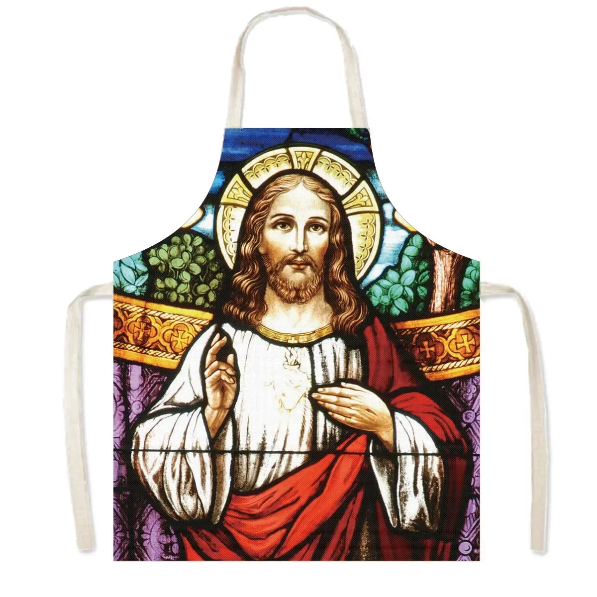 Vintage Religion Jesus Print Kitchen Aprons Women Men Home Cleaning Clothing Linen Pinafore Waterproof Chef Cooking Apron