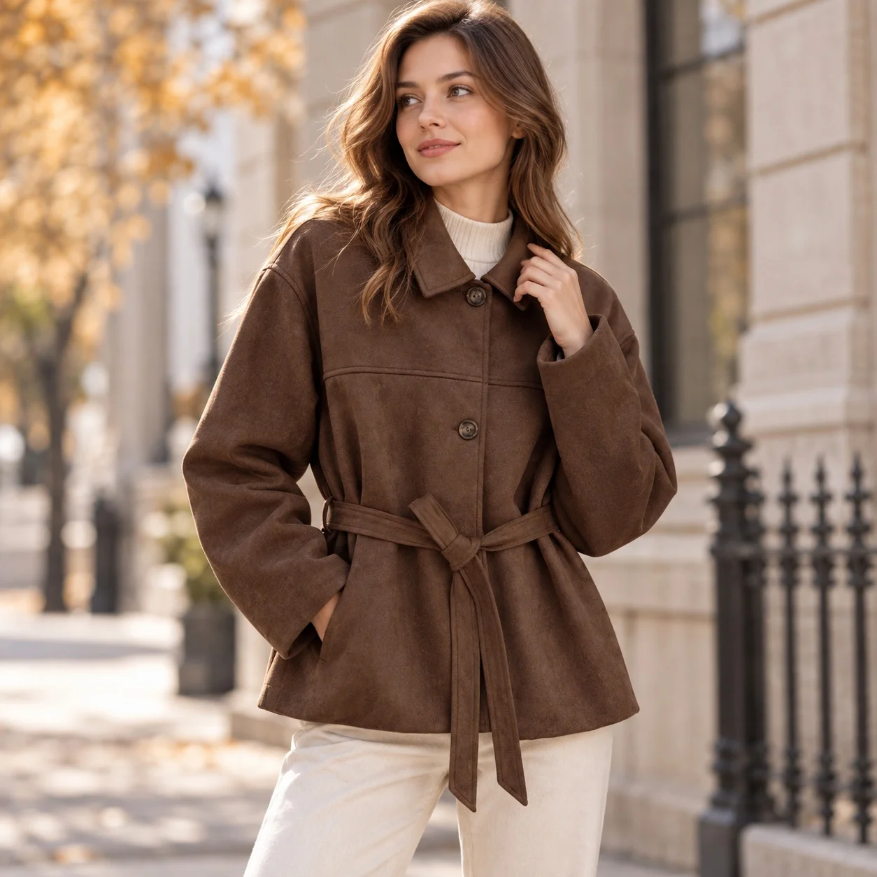 Belted Long Sleeve Belt Loose Fit Streetwear with Notched Lapel Regular Length American and European Style Winter Women Jacket