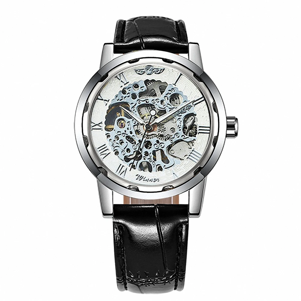 WINNER Classic Retro Mechanical Watches for Men Luminous Hands Silver White Skeleton Watch Casual Leather Belt Luxury Male Clock