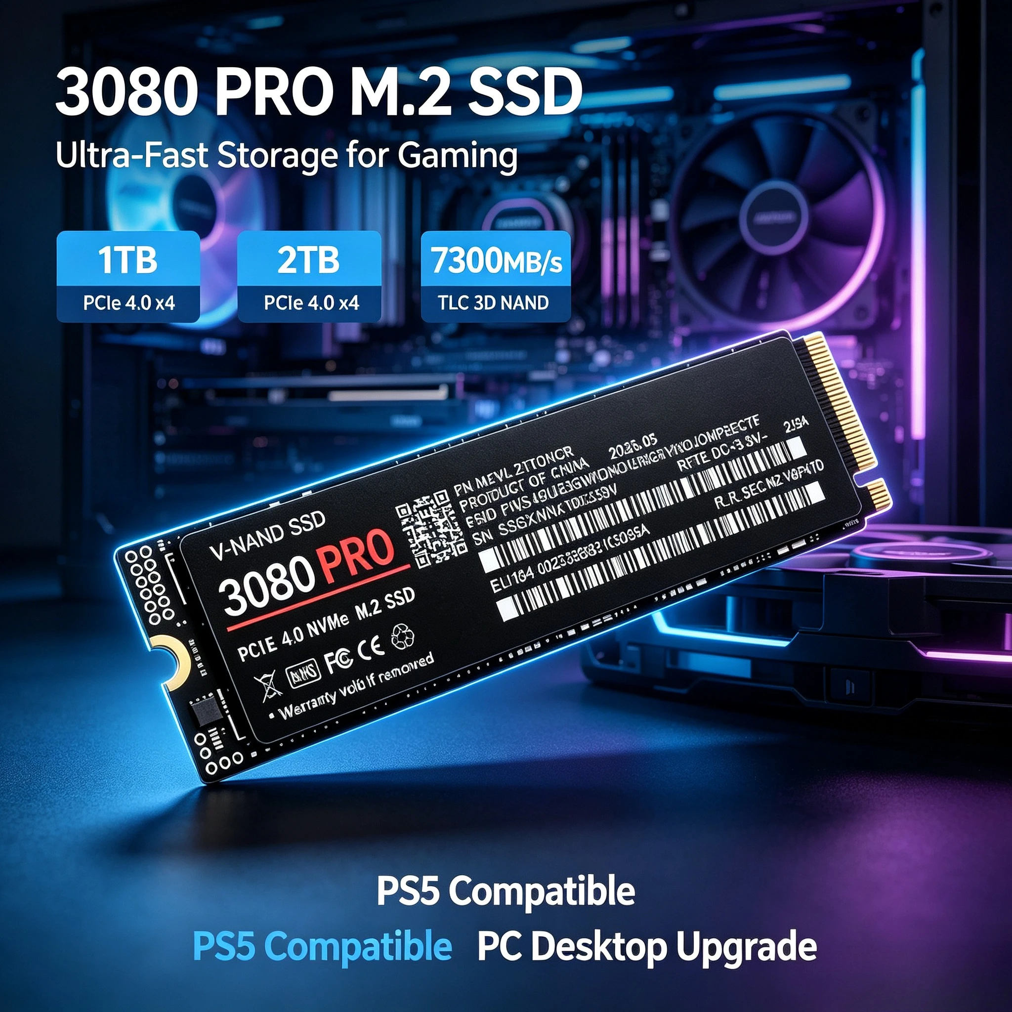 3080 PRO M.2 2280 NVMe SSD PCIe4.0 X4 7300MB/s TLC 3D NAND 1TB 2TB Internal  Solid State Storage for PS5 Gaming PC