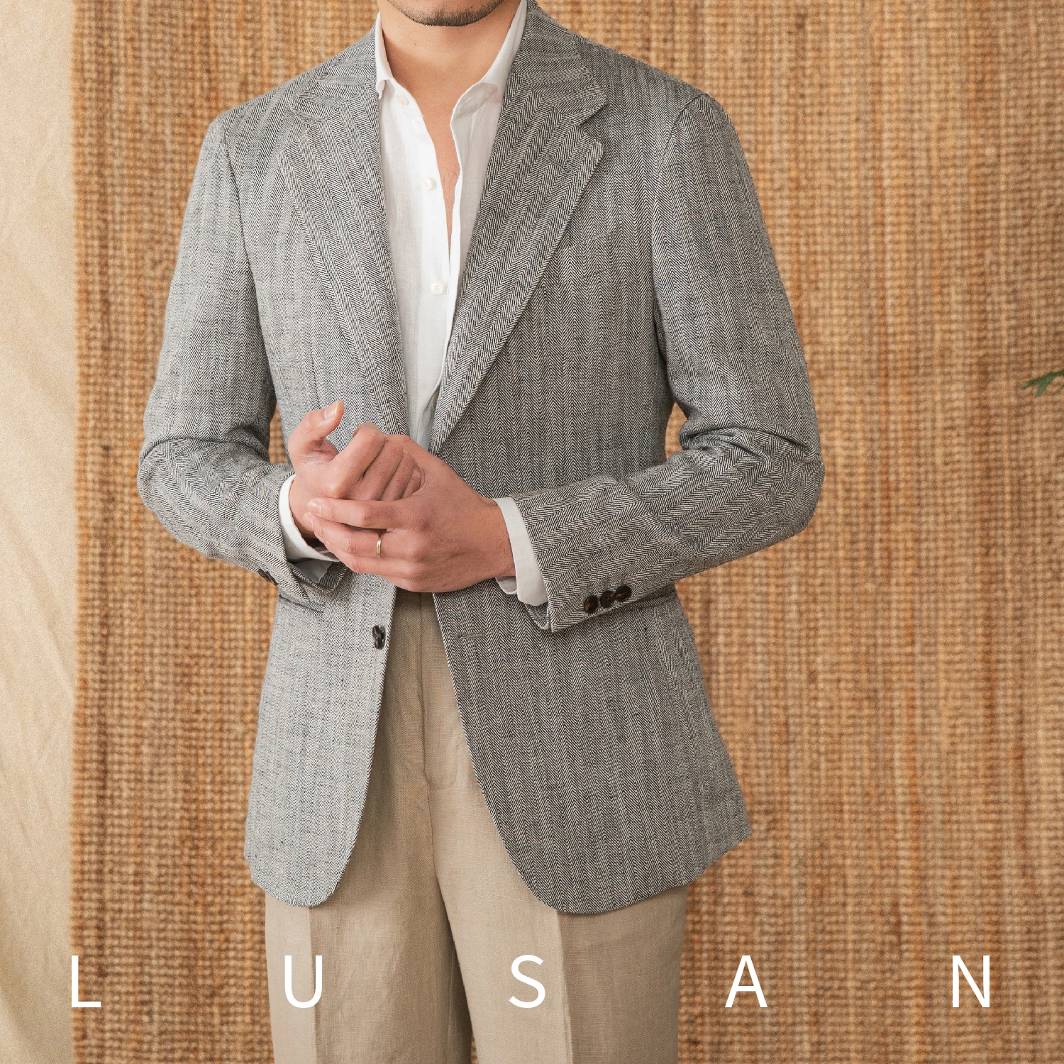 Cotton and linen herringbone pattern business gentleman thin half-lining suit NAPOLI casual slim suit men's