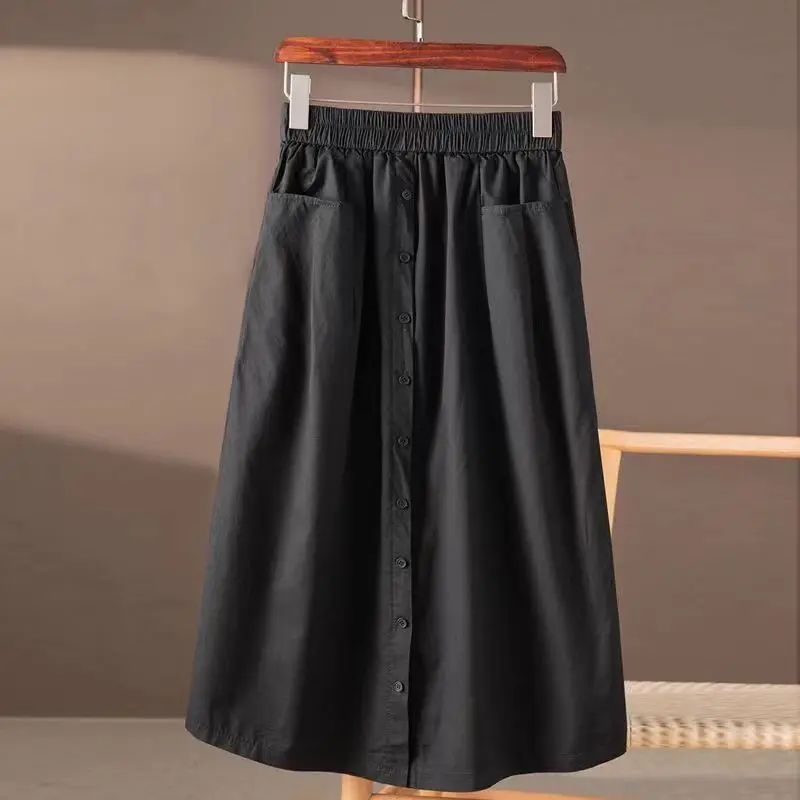 100% Washed Cotton Elastic Waist Slimming A-Line Skirt Knee-Length with Large Pockets and Button Details, Ethnic Style