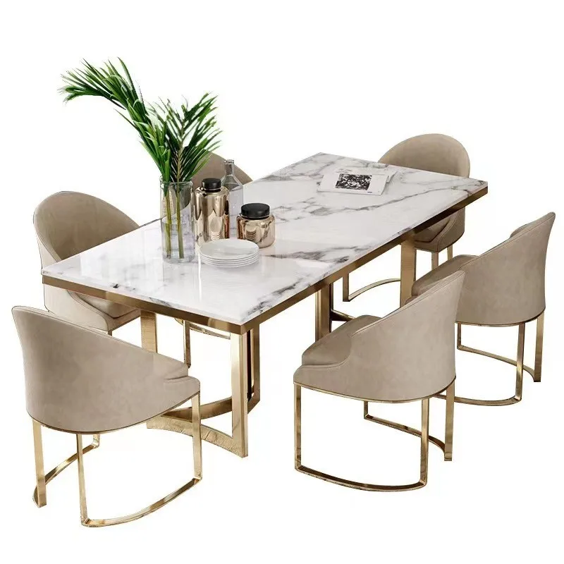 #Modern Luxury Golden Stainless Steel Dining Table Set With Marble Top for Kitchen & Dining Room Furniture