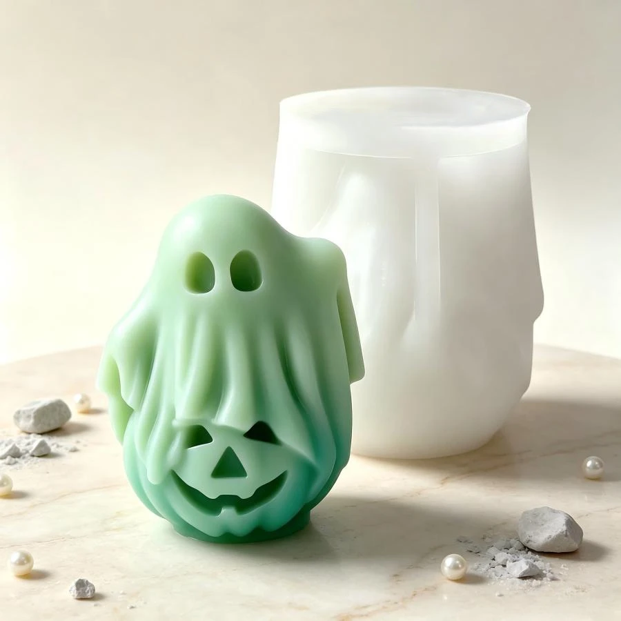 Smiling Pumpkin Ghost Silicone Candle Mold, DIY Halloween Decorative Candle Gypsum Craft Cement Mold, Halloween Decorative Gift.