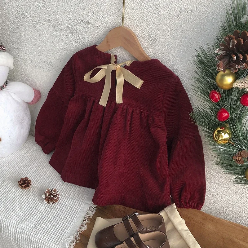 Chic Christmas Burgundy Long Sleeved Blouse Girls Autumn And Winter New Corduroy Bubble Sleeve Shirts Children's Clothing