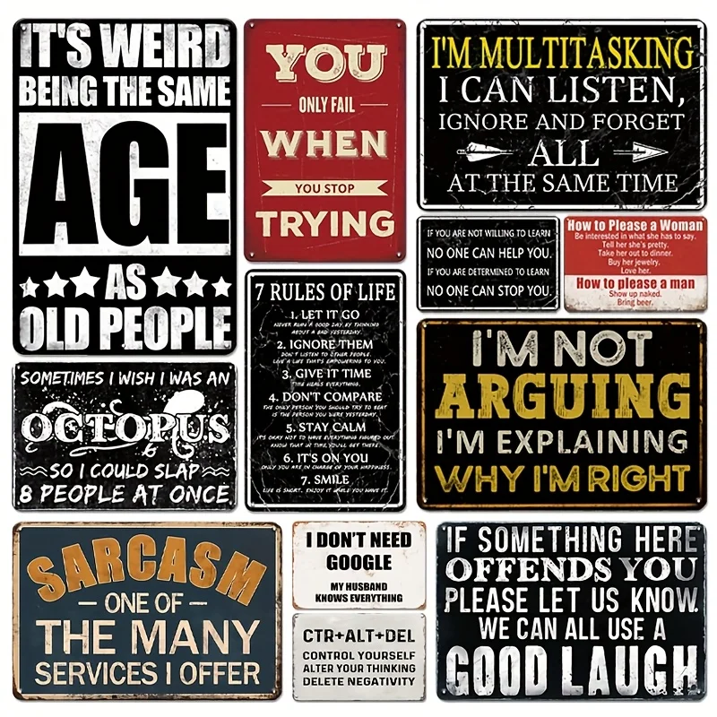 

12pcs Funny Quotes Metal Tin Signs for Festival Decoration - Retro Humorous Wall Art for Office, Garage, Bar, Club, Bedroom