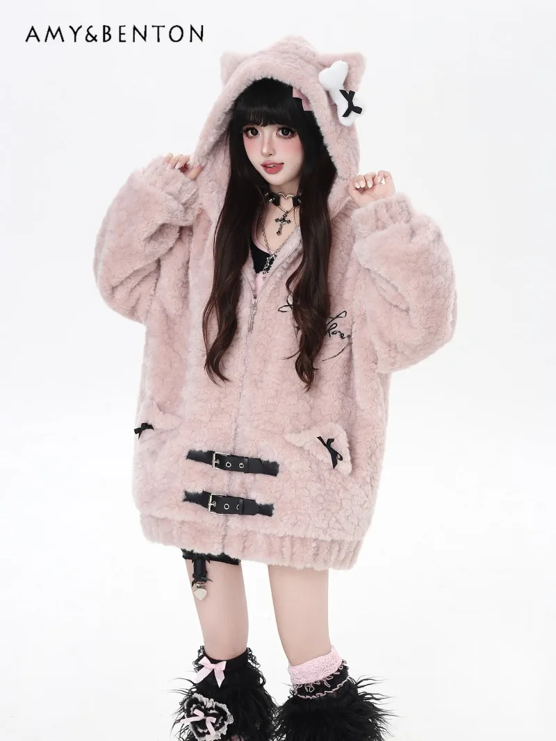 

Kawaii Cat Embroidered Lamb Wool Hooded Versatile Fleece-Lined Warm Loose Coat Women Winter Sweet Cute Girl Thickened Plush Coat
