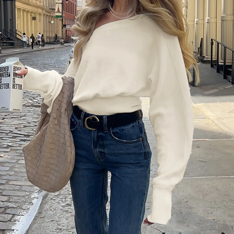 American Style Sloping Shoulder And Waist Lazy Sweater, Autumn And Winter Warm Long Sleeved Knitted Sweater, Solid Color Sweater