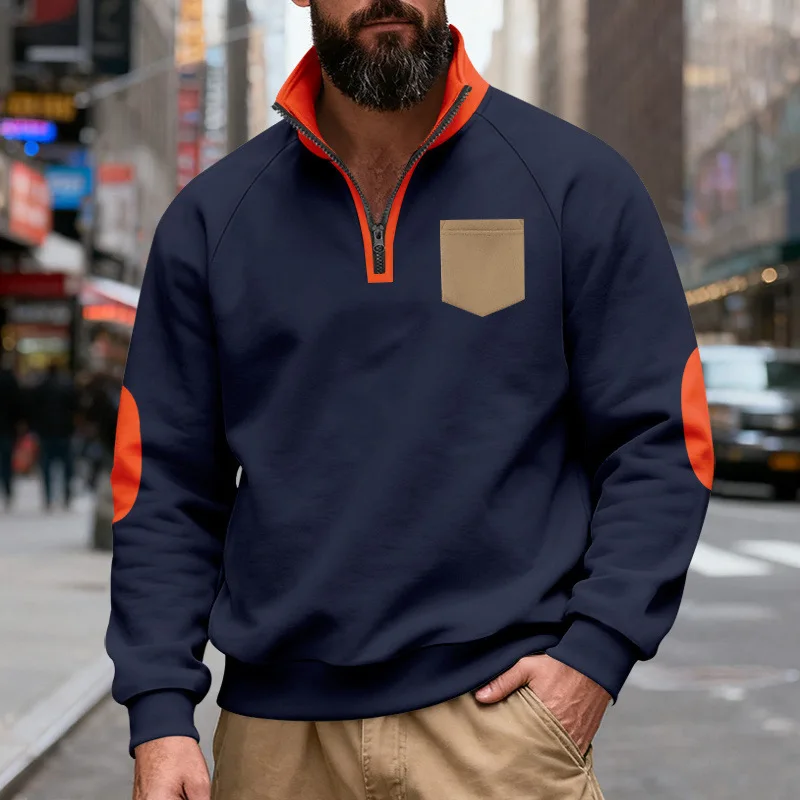 Cross-border winter men's loose heavy-duty velvet stand-up collar contrasting color patch zipper pocket long-sleeved sweater