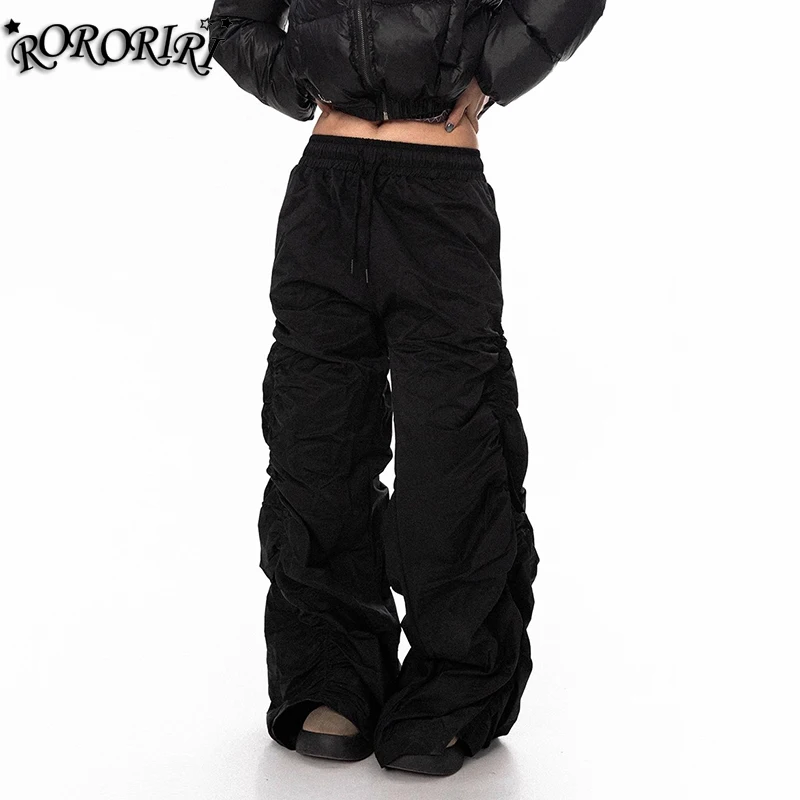 RORORIRI レトロ黒巾着カジュアルワイドパンツ女性弾性ウエスト固体シャーリング速乾性スウェットパンツハイストリート服