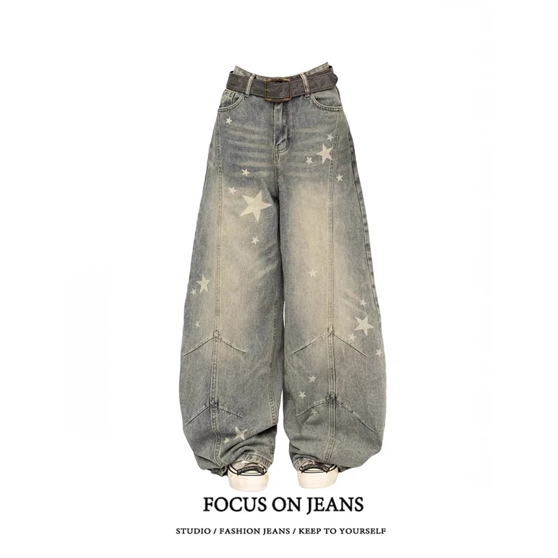 

ZHIZOU Women Blue Y2k Star Jeans Aesthetic 90s Style Baggy Denim Trouser Harajuku Vintage Oversize Boyfriend Jeans Pants Autumn