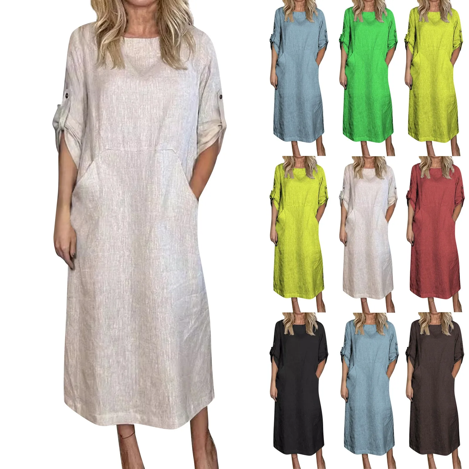 Women'S New Cotton And Linen Dress Casual Simple Solid Round Neck  Double Side Pockets 3/4 Sleeve Long Dress Comfy All-Match