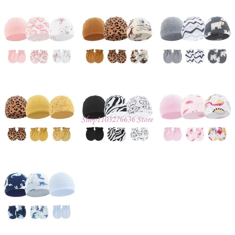

R6FD 3 Set Newborns Baby Hat and Scratch Mittens Soft & Breatahble Cotton Bonnet Gloves for Boys Girls Ages 0-6 Months