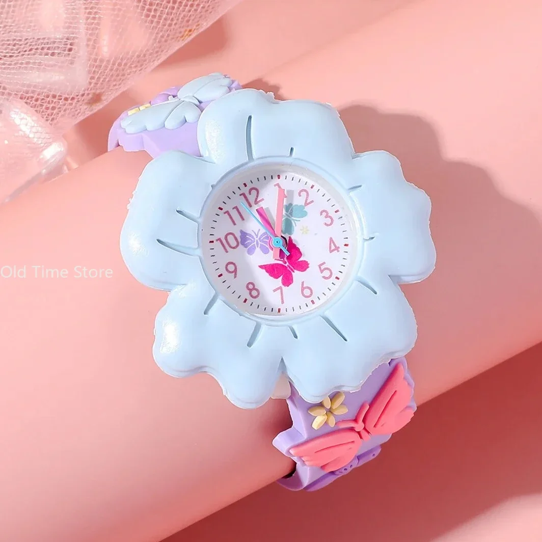 Reloj de dibujos animados de flores y mariposas para niños, patrón 3D, PVC, adhesivo suave, amigable con la piel, reloj de aprendizaje para niños, nuevo