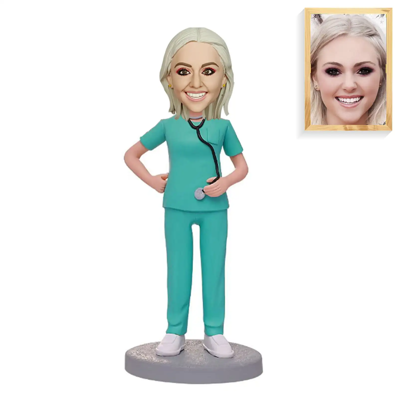 Custom Bobble-Heads Figurine Customized Doll, Female Doctor in Green Uniform Custom Bobble Head, Bobble Head Figures Handmade