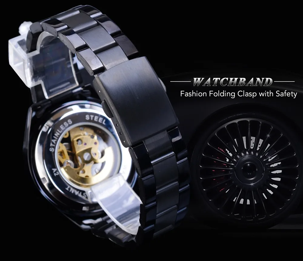 Fashion Forsining Top Brand Men Casual Hollowed Out Blue Glass Waterproof Automatic Mechanical Full Black Stainless Steel Watch