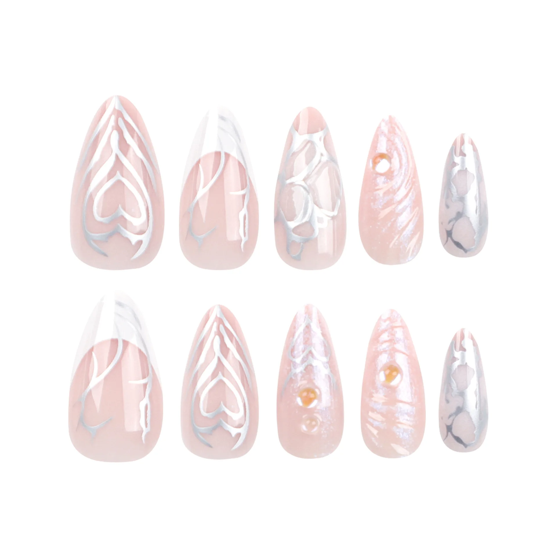 24pcs 3d Wasser Welligkeit falsche y2k Nägel drücken auf lange Mandel Silber Streifen Nail Art gefälschte Nägel Charms Designs fertige Nagels pitzen