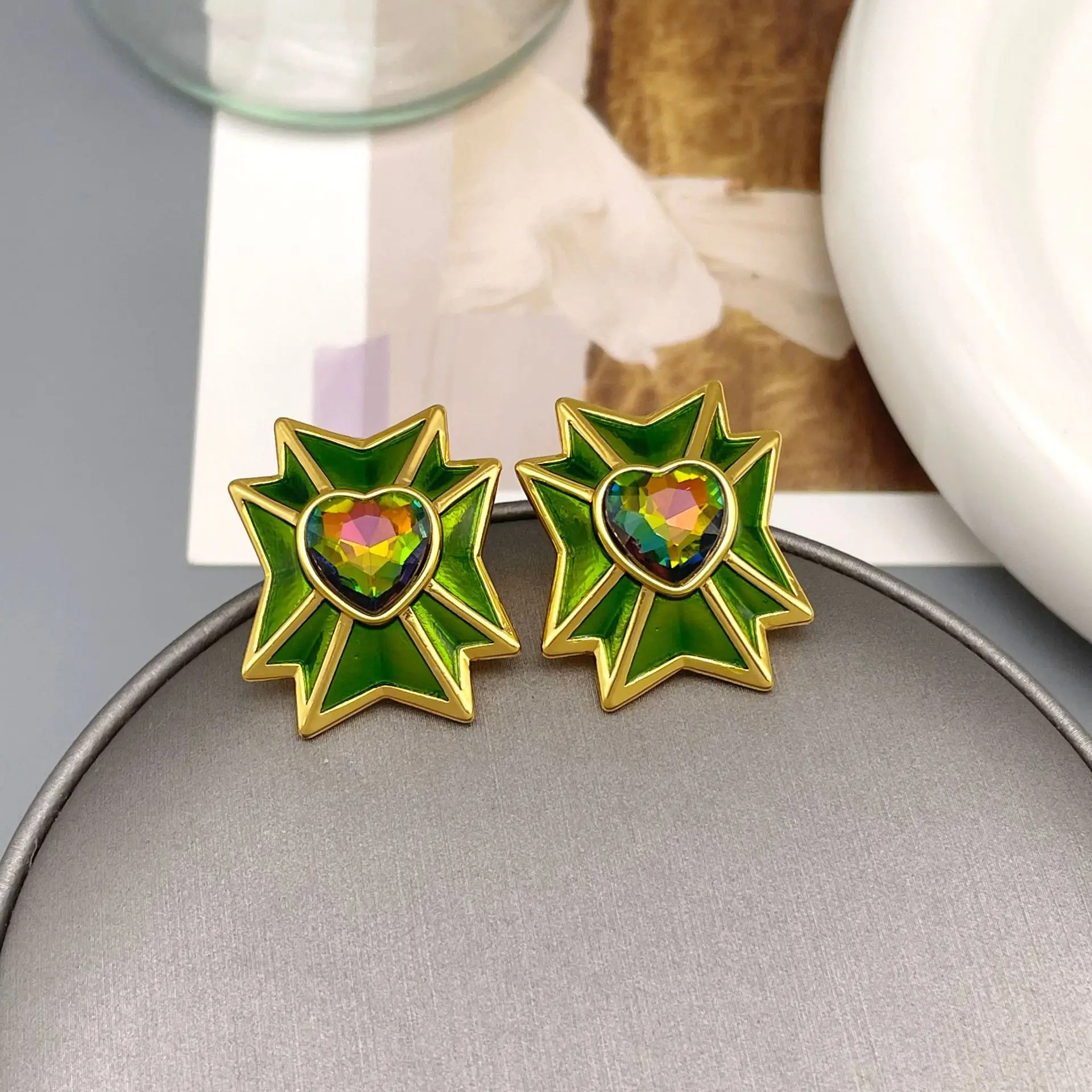 

New court style enamel glaze gemstone geometric personality niche fashionable temperament high-end stud earrings jewelry