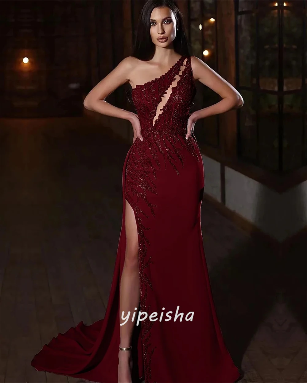 Maßgeschneiderte komplizierte exquisite Jersey-Perlen-Pailletten-Meerjungfrau-Cocktailkleider One-Shoulder-lange Kleider Abendkleider Sexy – Detail 5