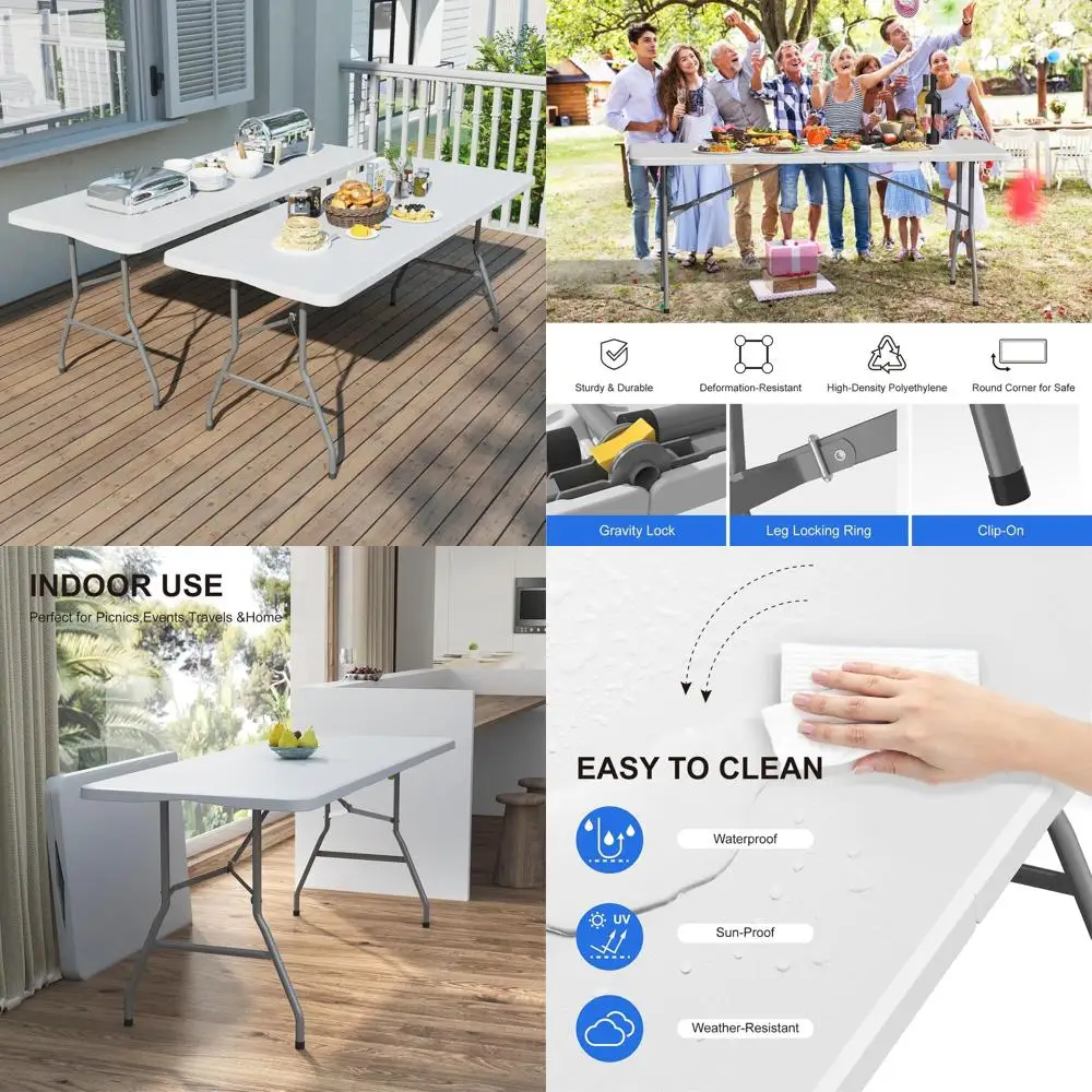 

Пластиковый складной стол длиной 6 футов, портативный прочный обеденный стол с замком и ручкой для переноски, идеально подходит для использования на открытом воздухе и в помещении, белый