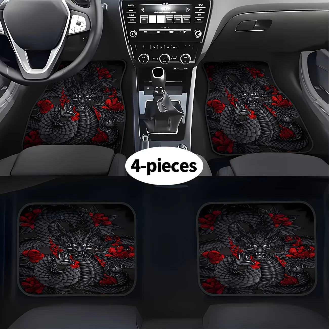 Four-Piece Set of Stylish Car Floor Mats with Black Dragon Print, Universally Compatible with Most Car Models, Adding a Fun Touch to the Interior. It's an Excellent Birthday Gift for Drivers, and Also a Cool Christmas Present for Him/Her and Car Enthusiasts