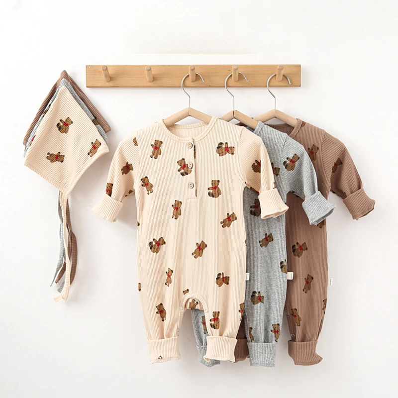 

0-24M Bear Cute Printing Baby Romper Long Sleeve Baby Boy Girl Clothes Pitted Newborn Jumpsuit With Hat Ropa Bebe