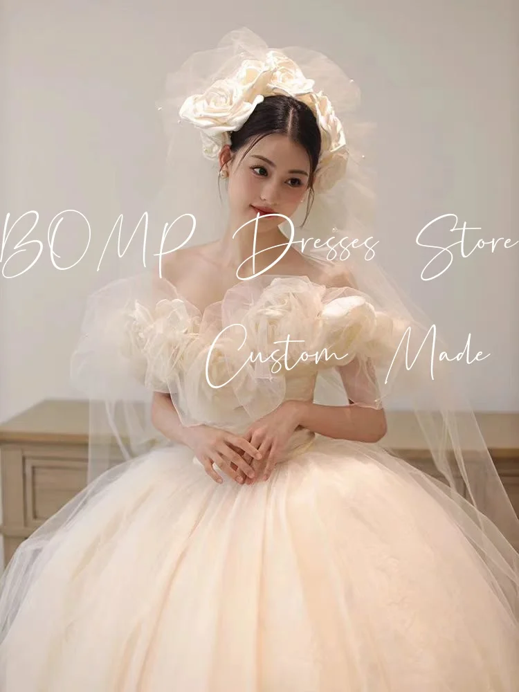 BOMP-vestido de novia elegante con flores, hombros descubiertos, corte en A, largo hasta el suelo, tul marfil, sesión de fotos coreana, vestido de recepción nupcial personalizado