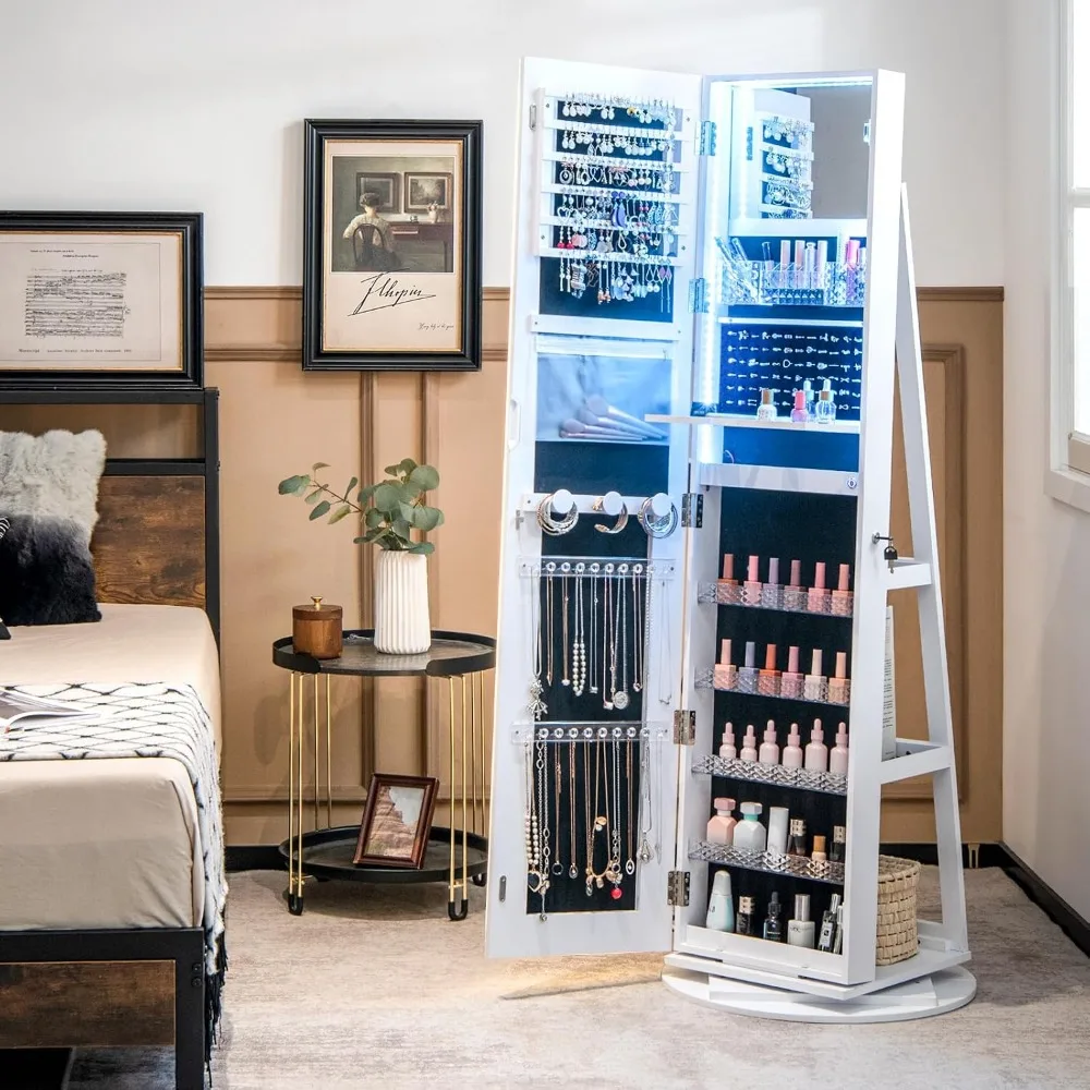 360° Rotating Jewelry Armoire with LED Mirror & Built-in Vanity, Lockable Storage Cabinet, White