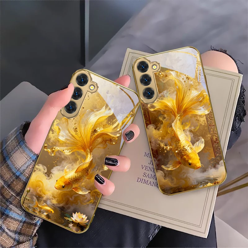 かわいい金色の鯉の魚柄のSamsung Galaxy S20 FE S21 S22 S23 Plus S24 Ultra S25Ultra S21+ S9+ S22Plus用ゴールデンガラス製スマホケース
