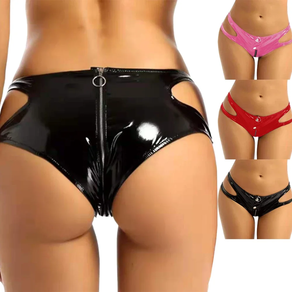 Women Latex Wetlook Briefs Lingerie Underwear O Ring Zipper Crotch Low Waist Briefs Underpant Sexy Faux Leather Panties Clubwear