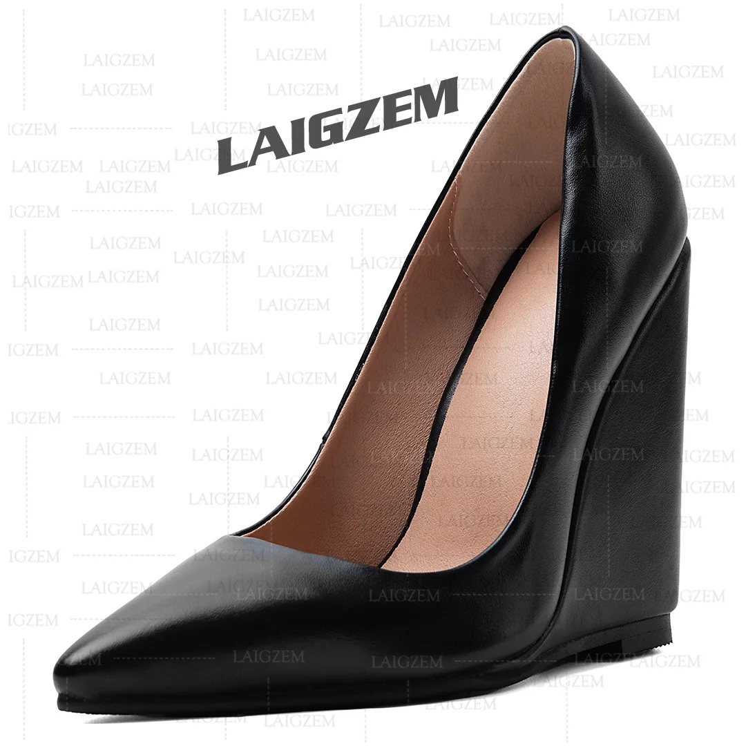 LAIGZEM Women Pumps Platform Wedges Pointed Toe High Heels Slip On Ladies Handmade Black Shoes Woman Large Size 39 41 42 47