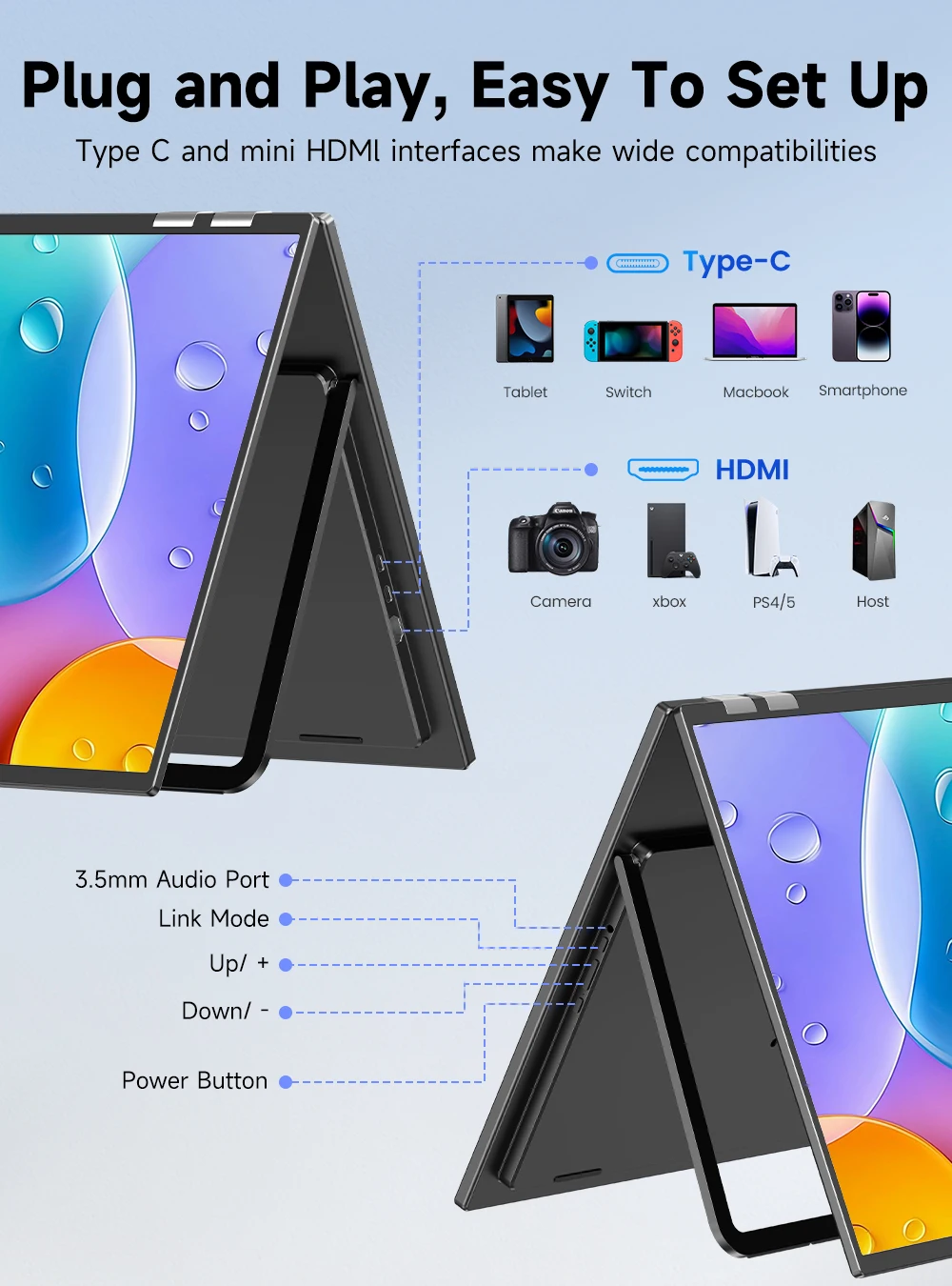 شاشة كمبيوتر UPERFECT Delta Mega مقاس 23.8 بوصة 100 هرتز مزدوجة الشاشة 1080 بكسل 360 درجة قابلة للطي ثلاثية التمديد مع مكبرات صوت VESA لأجهزة الكمبيوتر المحمولة والهواتف ووحدات التحكم في الألعاب