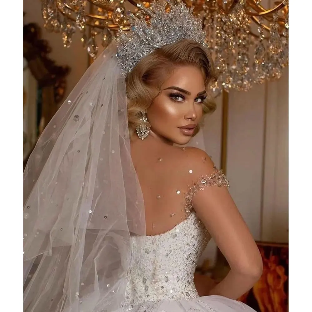 Abiti da sposa con paillettes di lusso principessa Sweetheart scollo a V Tulle Glitter con perline maniche a berretto abiti da ballo abito da sposa De Mariee 2024