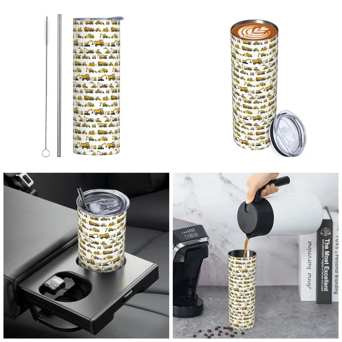 Construction Vehicles Bulldozer Excavator Crane Stainless Steel Tumbler Insulated Mugs Thermal Cold Bottle Straws With Lid 20oz
