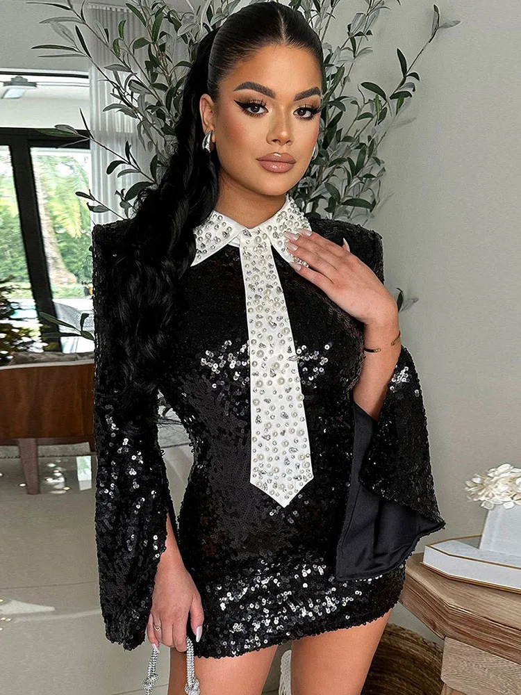 Black Sequin Rhinestone Beaded Party Prom Backless Dress Luxury Long Sleeve Turndown Collar Night Club Sexy Bodycon Mini Dresses